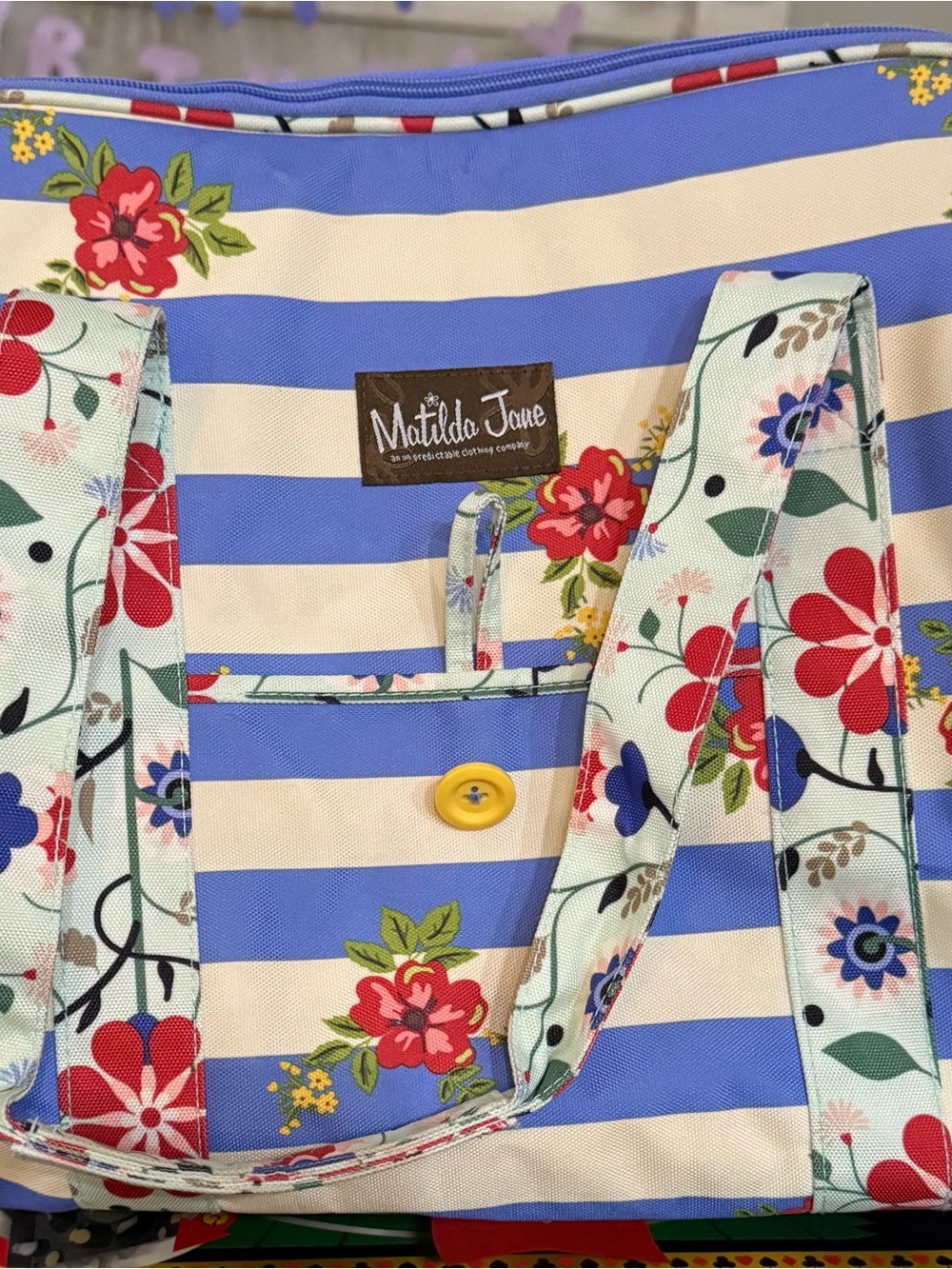 Matilda Jane Blue & Cream Striped Floral Cooler bag with Red Accents